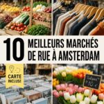 Un marché de rue animé à Amsterdam avec des stands de produits frais et des visiteurs.