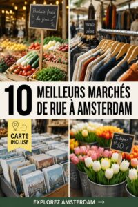 Un marché de rue animé à Amsterdam avec des stands de produits frais et des visiteurs.