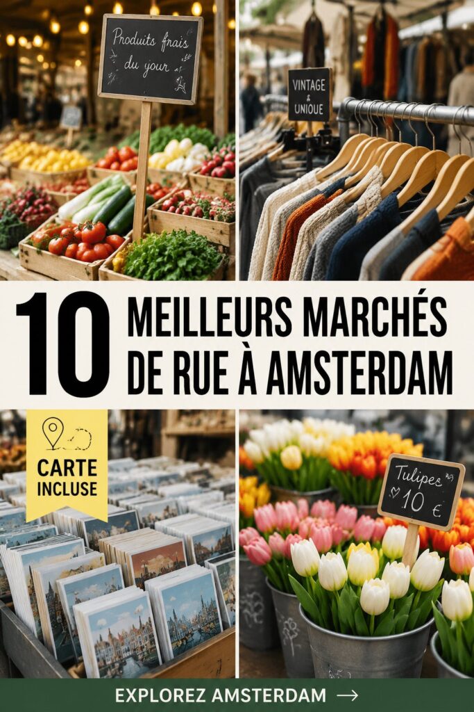 Un marché de rue animé à Amsterdam avec des stands de produits frais et des visiteurs.