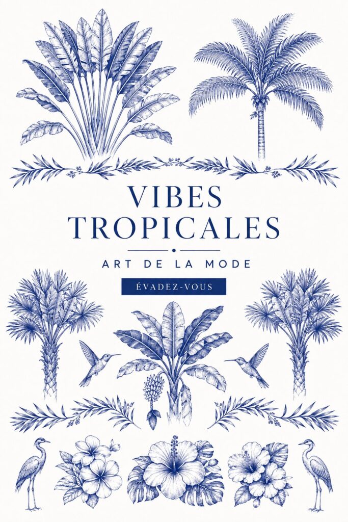 Un modèle portant une robe tropicale colorée sur la plage.