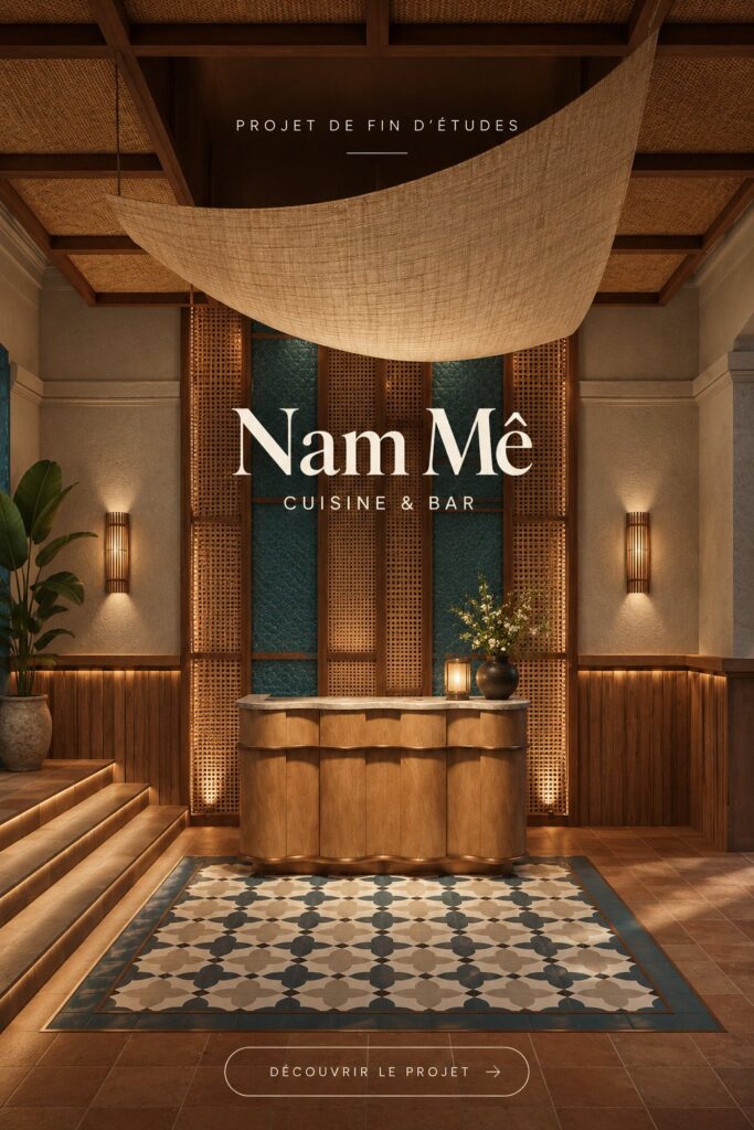 Salle du Nam Mê Kitchen & Bar, ambiance chaleureuse et moderne avec des plats asiatiques savoureux sur les tables.