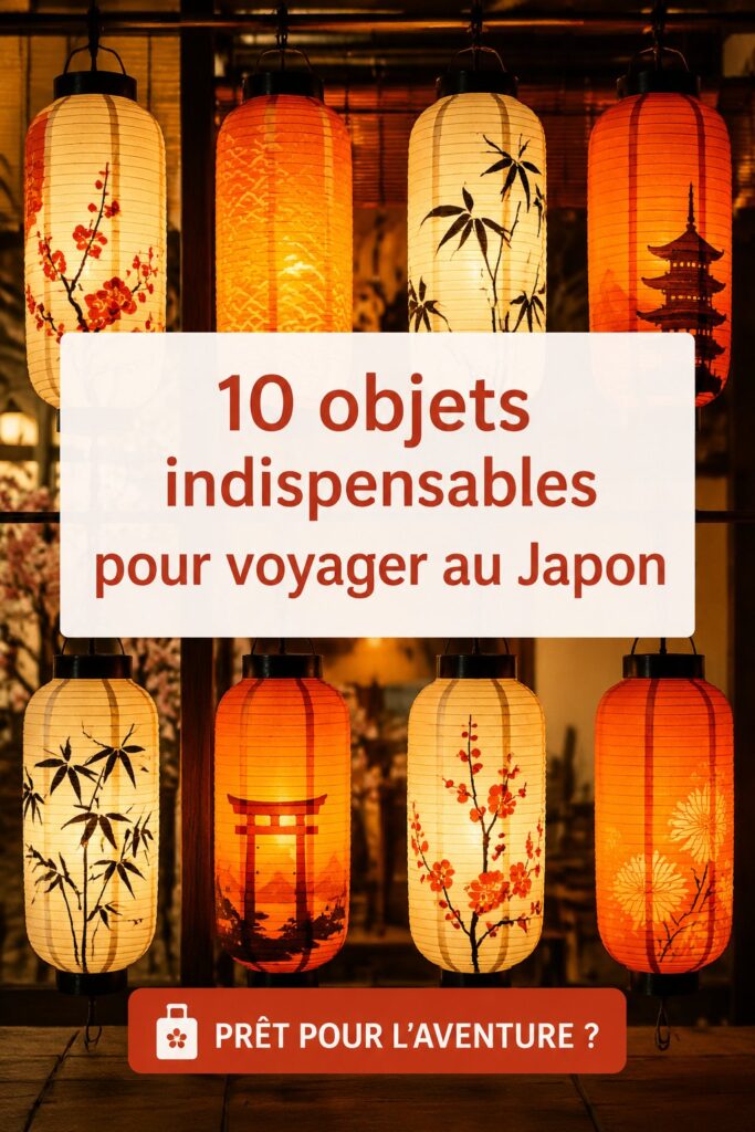 Une sélection d'objets essentiels pour voyager au Japon, présentés sur une table.