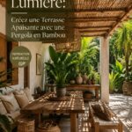 Terrasse apaisante avec une pergola en bambou et des plantes luxuriantes.