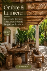 Terrasse apaisante avec une pergola en bambou et des plantes luxuriantes.