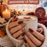 Des ongles brillants en couleurs d'automne et motifs hivernaux sur fond japonais.