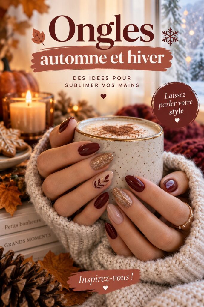 Des ongles brillants en couleurs d'automne et motifs hivernaux sur fond japonais.