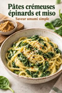 Une assiette d'orecchiette crémeuses aux épinards et miso, présentée avec des herbes fraîches.