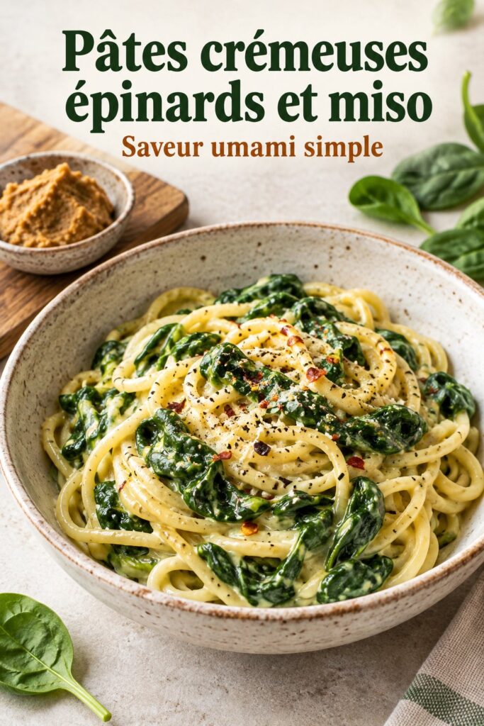 Une assiette d'orecchiette crémeuses aux épinards et miso, présentée avec des herbes fraîches.