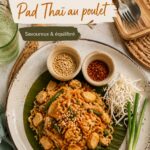 Plat de Pad Thaï au poulet coloré et appétissant sur une table en bois.