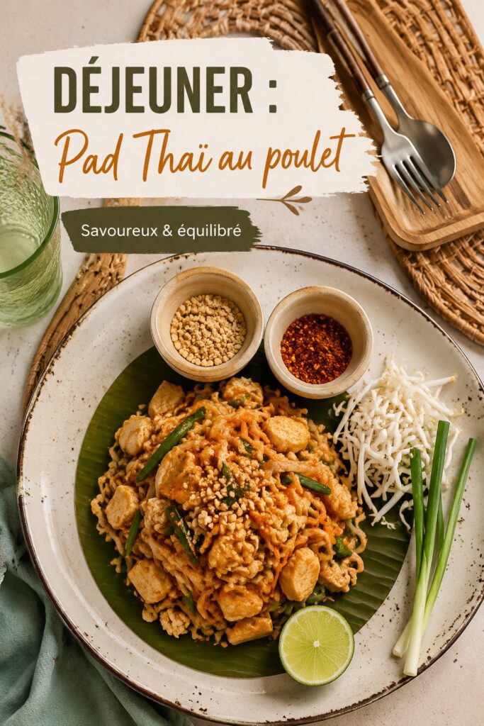 Plat de Pad Thaï au poulet coloré et appétissant sur une table en bois.