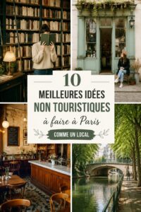 Vue d'un quartier charmant de Paris loin des foules touristiques, avec des cafés et boutiques locales.