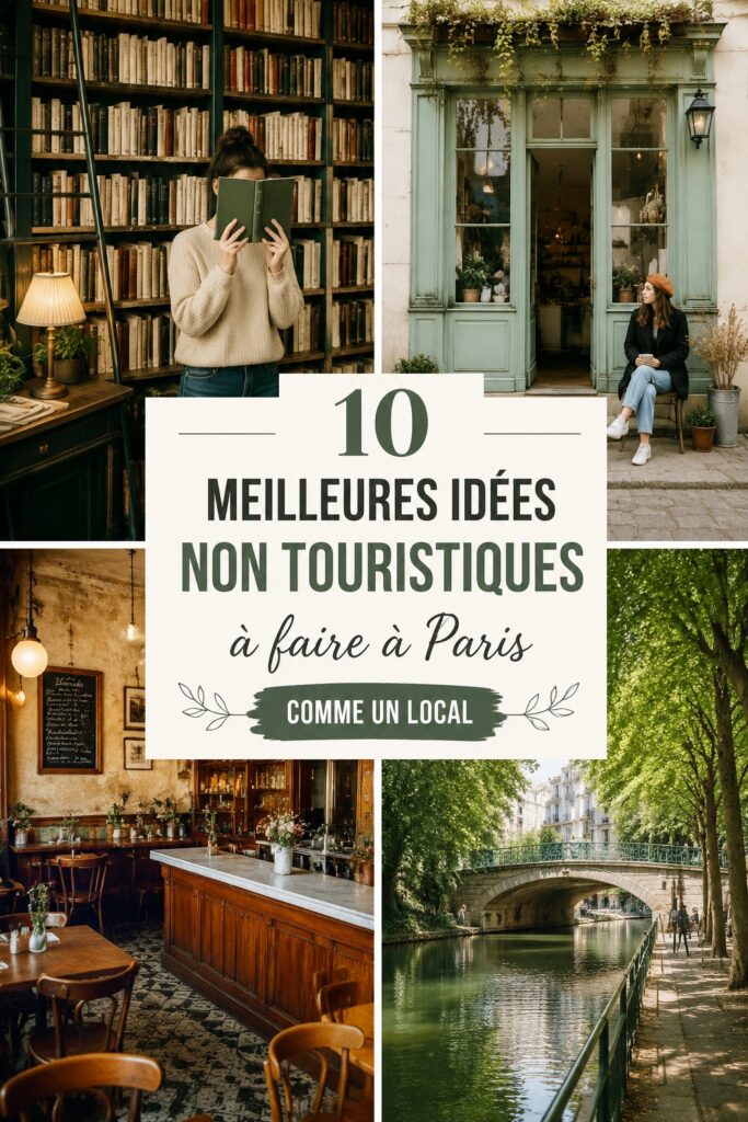 Vue d'un quartier charmant de Paris loin des foules touristiques, avec des cafés et boutiques locales.