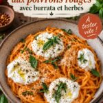 Pâtes crémeuses aux poivrons rouges et burrata, prêtes à être dégustées.