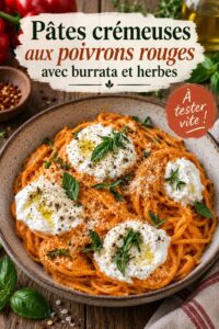 Pâtes crémeuses aux poivrons rouges et burrata, prêtes à être dégustées.