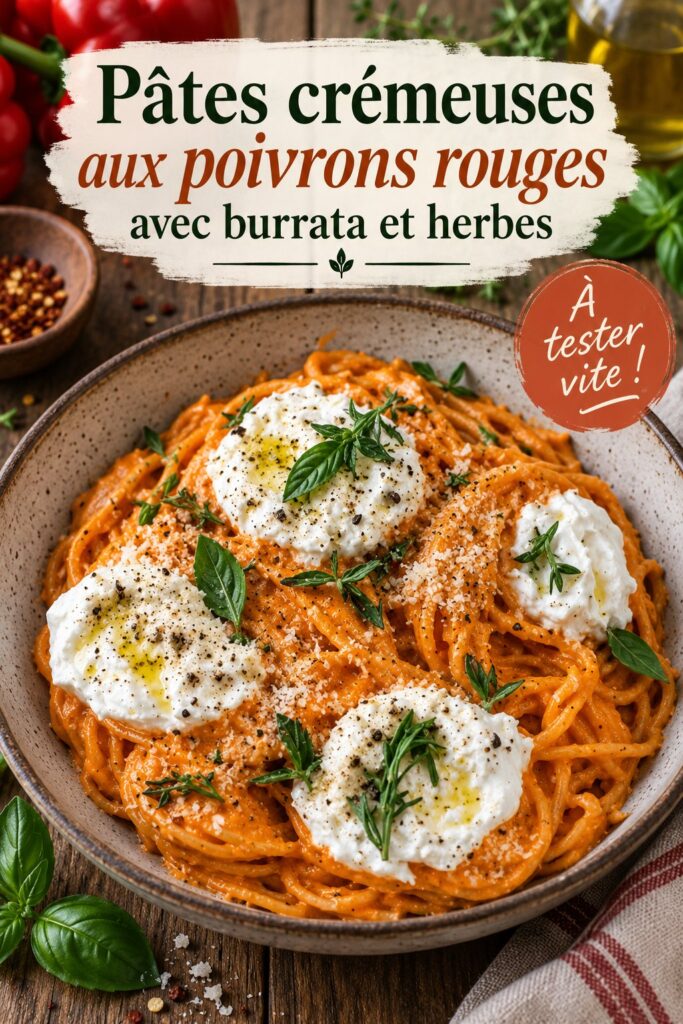 Pâtes crémeuses aux poivrons rouges et burrata, prêtes à être dégustées.