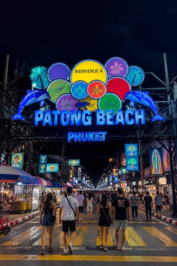 Vue panoramique de Patong Beach à Phuket avec ses eaux turquoise et son sable fin.