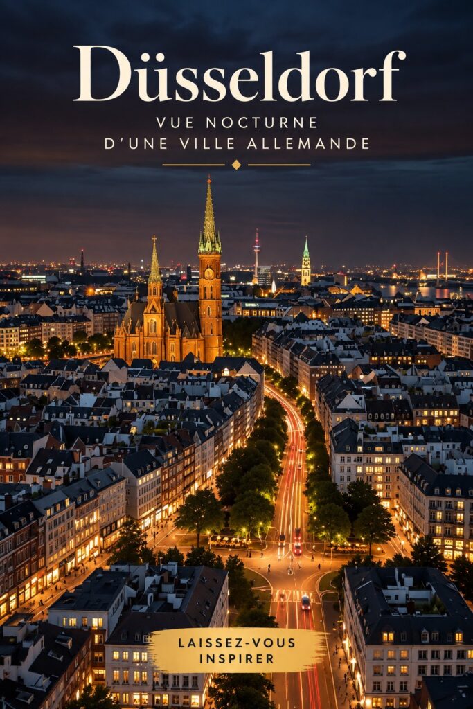 Vue illuminée de Düsseldorf la nuit avec des bâtiments modernes et des reflets dans l'eau.