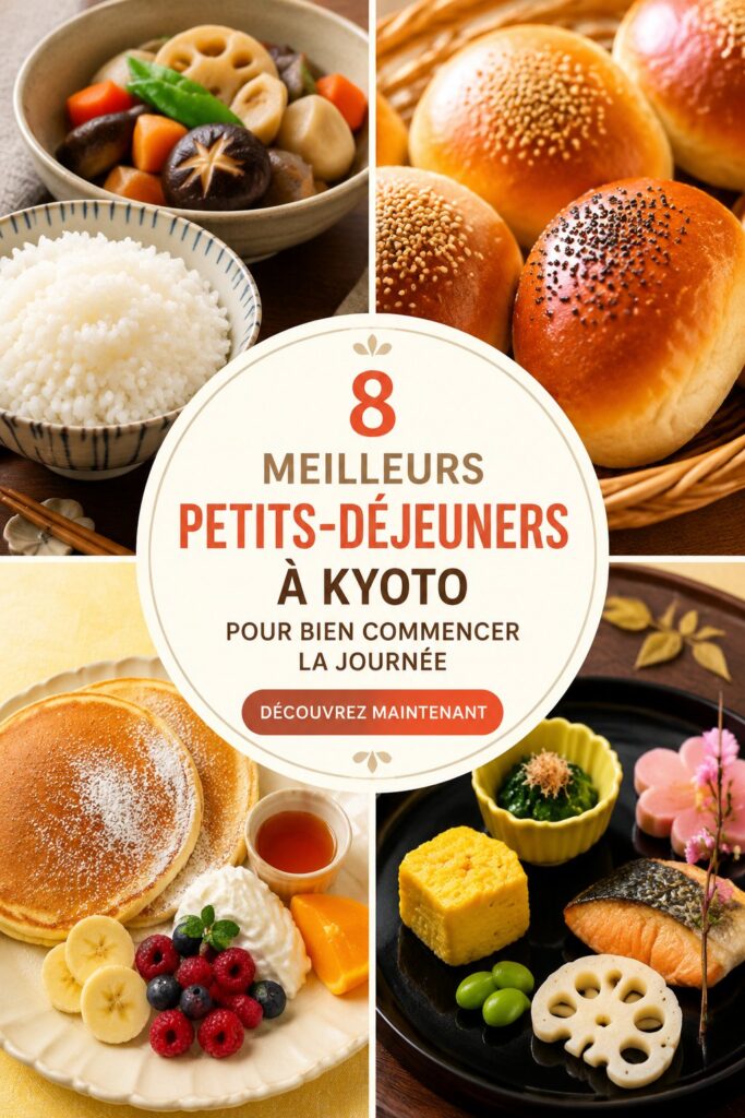 Une vue d'ensemble d'un petit-déjeuner typiquement japonais à Kyoto, avec riz, poisson grillé et légumes marinés.