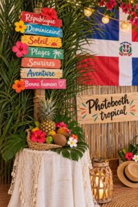 Un photobooth tropical décoré sur une plage en République dominicaine, parfait pour capturer des souvenirs.