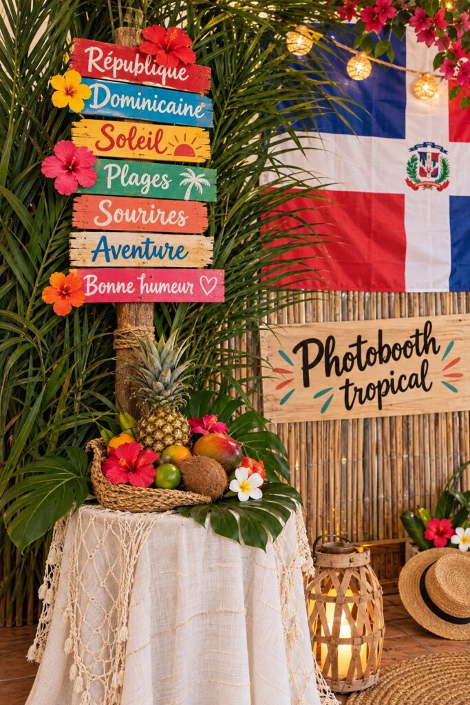 Un photobooth tropical décoré sur une plage en République dominicaine, parfait pour capturer des souvenirs.