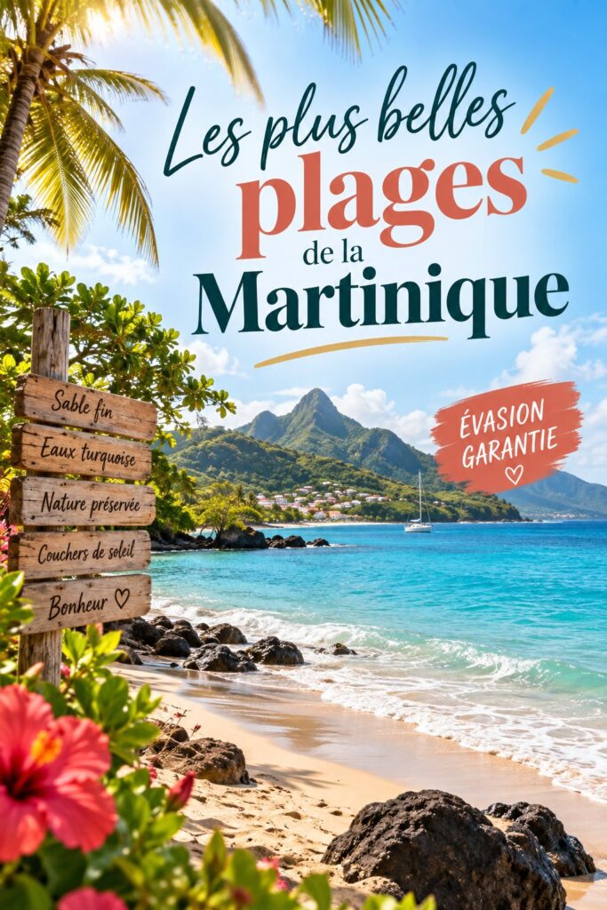 Plage paradisiaque de Martinique avec eau turquoise et sable blanc.