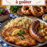 Une assiette de plats allemands traditionnels, incluant saucisses et choucroute.