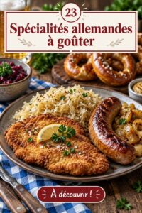 Une assiette de plats allemands traditionnels, incluant saucisses et choucroute.