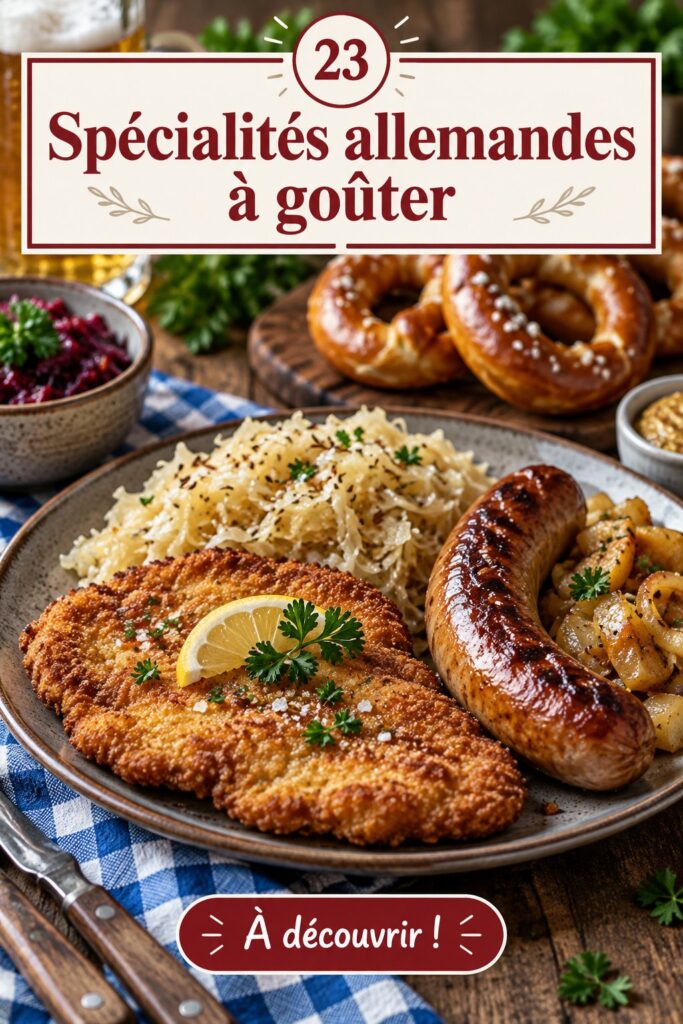 Une assiette de plats allemands traditionnels, incluant saucisses et choucroute.