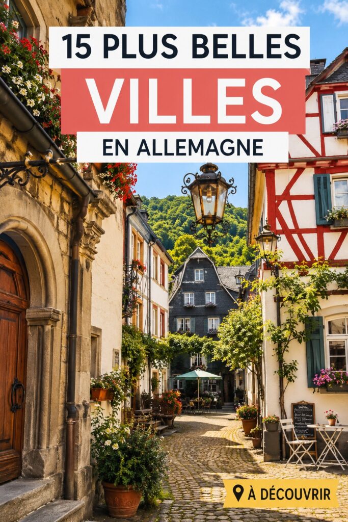 Vue d'une charmante ville allemande avec des maisons colorées et des rues pavées.