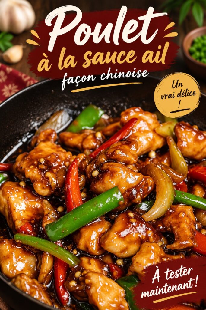 Un plat de poulet à l'ail chinois, joliment présenté avec des garnitures fraîches.