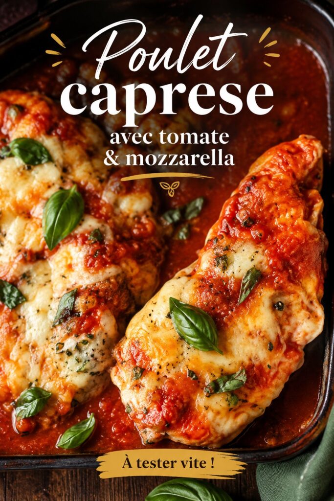 Poulet caprese avec tomates fraîches et mozzarella fondante, prêt à être dégusté.