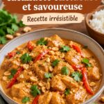 Plat de poulet crémeux à la sauce cacahuète servi avec des légumes colorés.