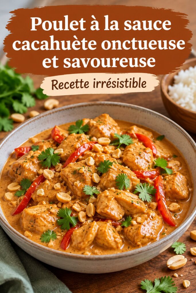 Plat de poulet crémeux à la sauce cacahuète servi avec des légumes colorés.