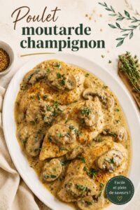 Un plat de poulet moutarde aux champignons, joliment dressé sur une table