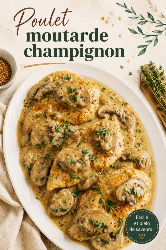 Un plat de poulet moutarde aux champignons, joliment dressé sur une table