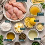 Un plat appétissant de poulet piccata en sauce beurre citron, prêt à être dégusté.