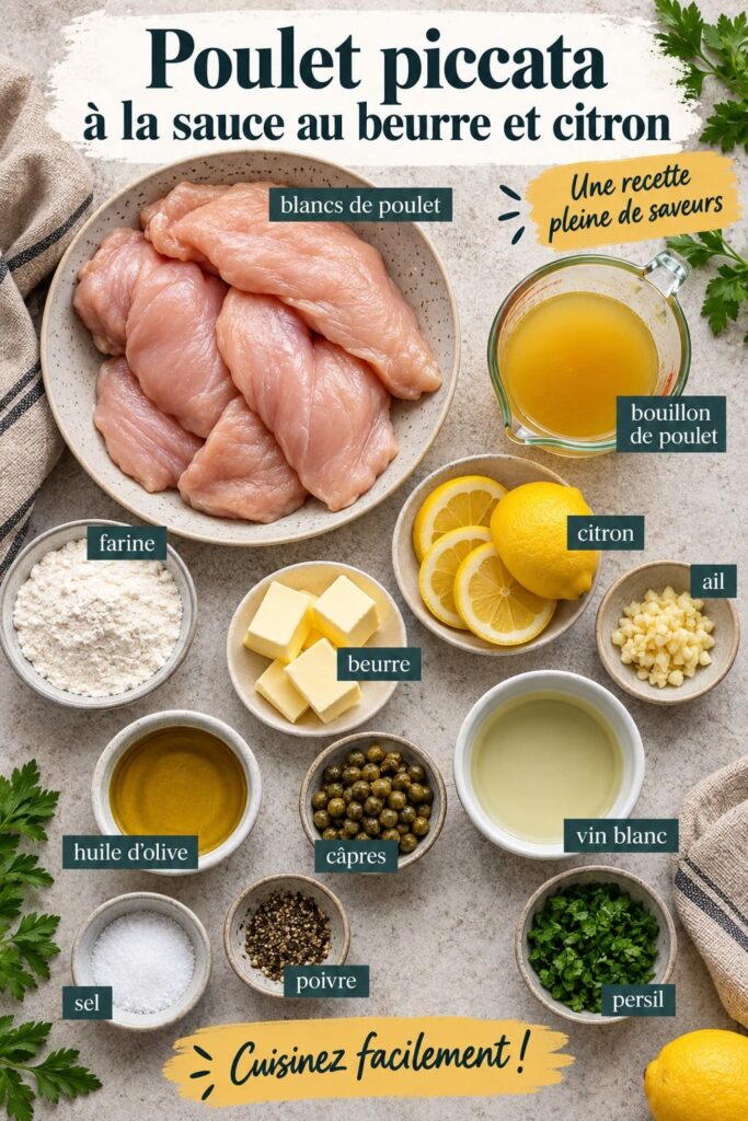 Un plat appétissant de poulet piccata en sauce beurre citron, prêt à être dégusté.