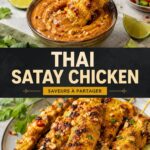 Un plat de poulet satay thaï savamment présenté avec des sauces et des légumes frais.