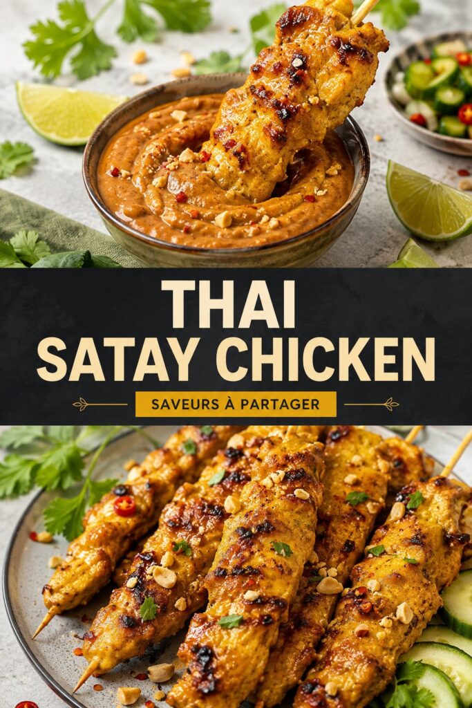 Un plat de poulet satay thaï savamment présenté avec des sauces et des légumes frais.