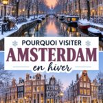 Canaux d'Amsterdam en hiver, illuminés pendant la saison froide.