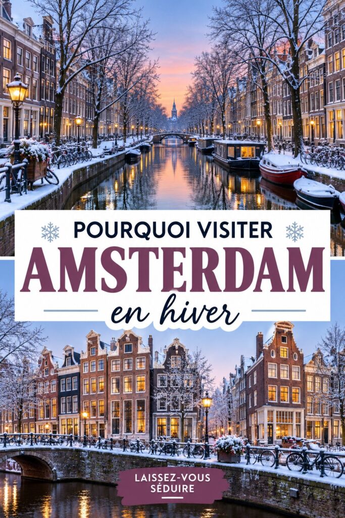 Canaux d'Amsterdam en hiver, illuminés pendant la saison froide.