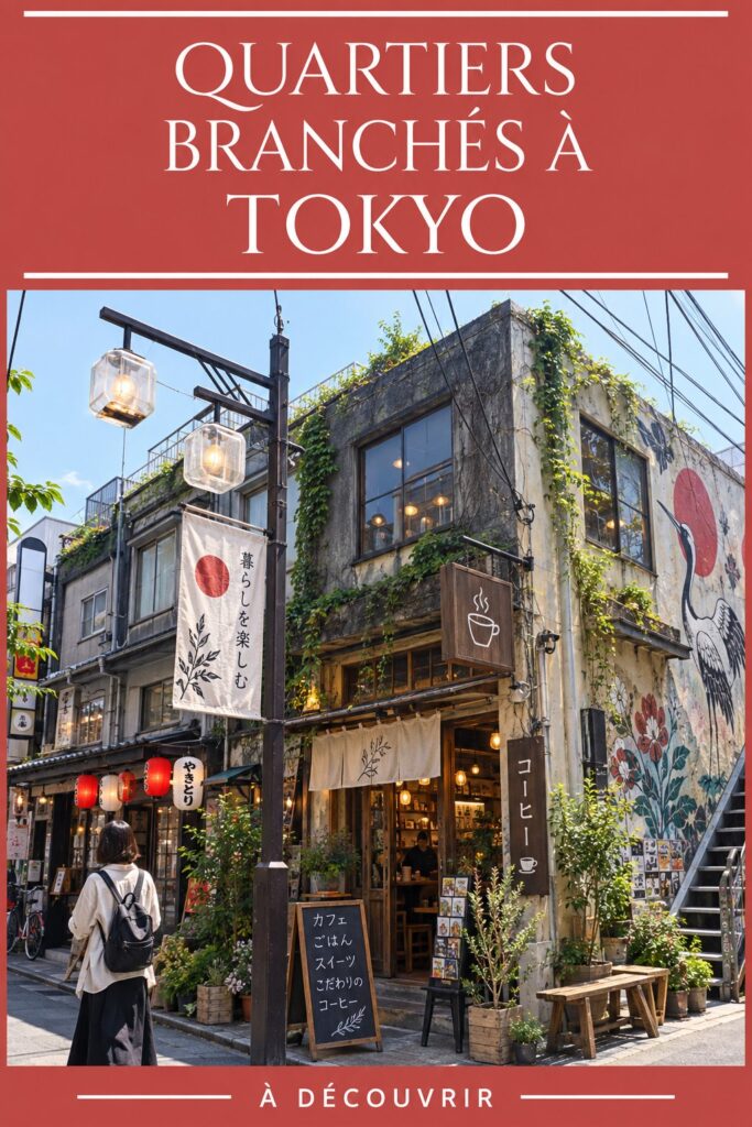 Vue colorée d'un quartier branché de Tokyo avec des cafés et boutiques modernes