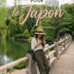 Femme en voyage avec une valise prête pour le Japon, entourée de paysages japonais.