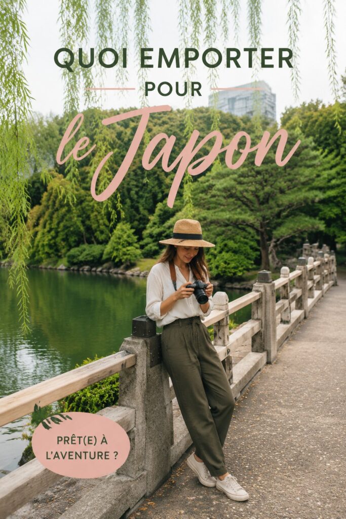 Femme en voyage avec une valise prête pour le Japon, entourée de paysages japonais.