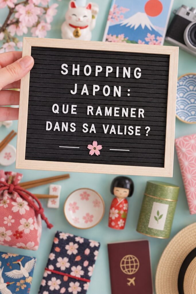 Femme avec une valise ouverte pleine de souvenirs du Japon
