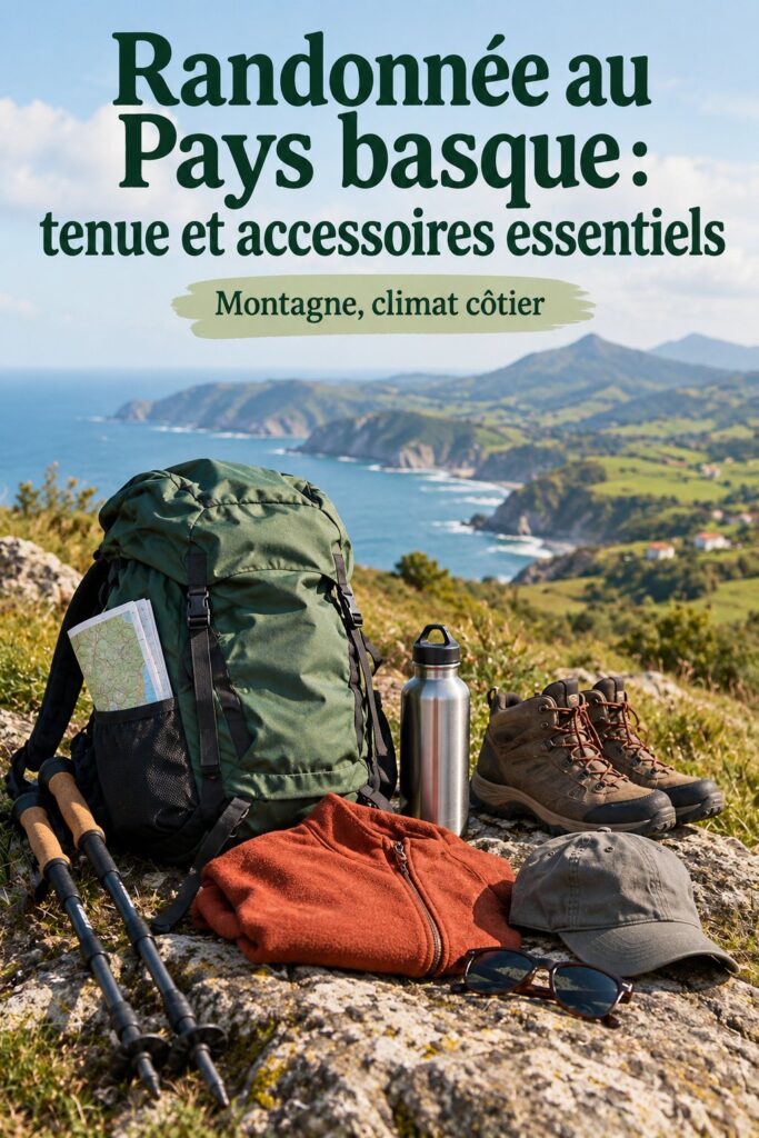Femme en randonnée au Pays basque, vêtue d'une tenue adaptée et stylée.