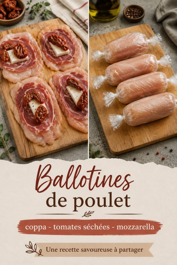 Ballotines de poulet garnies de coppa, tomates séchées et mozzarella, prêtes à être servies.