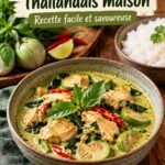 Un plat de curry vert thaï au poulet appétissant, garni de basilic et servie avec du riz.