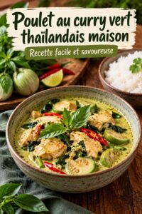 Un plat de curry vert thaï au poulet appétissant, garni de basilic et servie avec du riz.