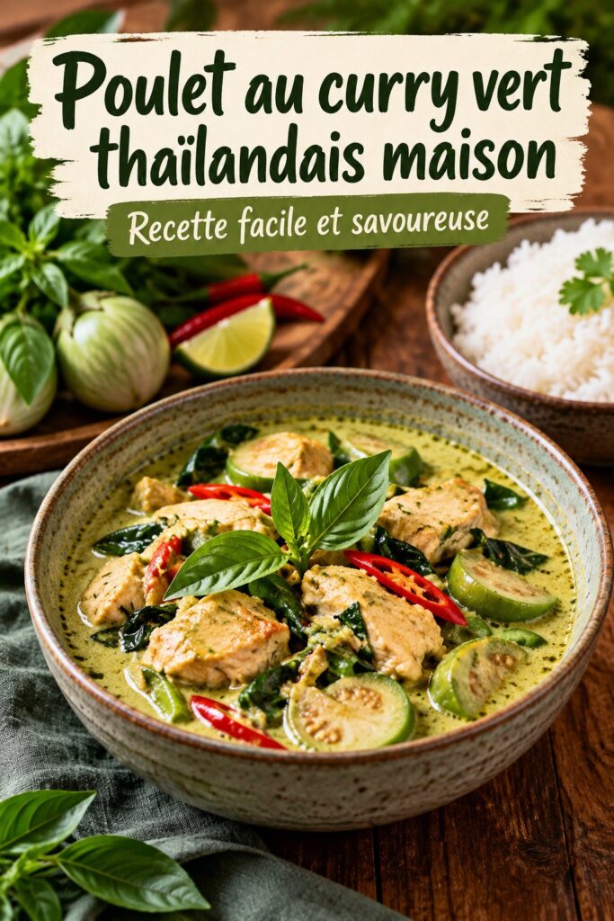 Un plat de curry vert thaï au poulet appétissant, garni de basilic et servie avec du riz.